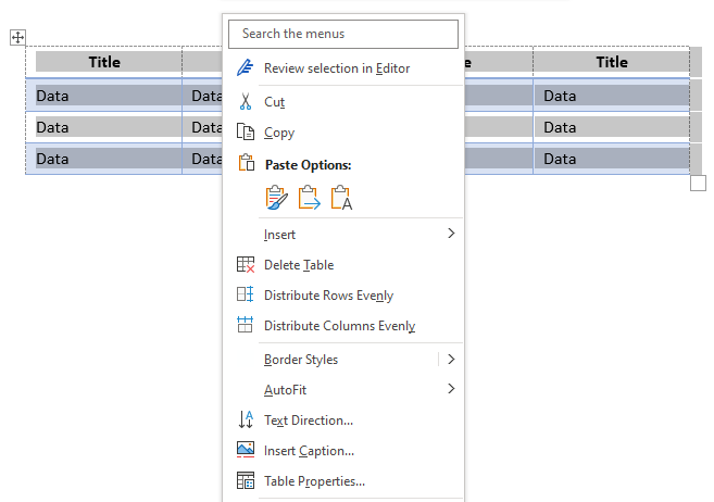 Drop-down menu with Delete Table when you right-click in a table in Word.