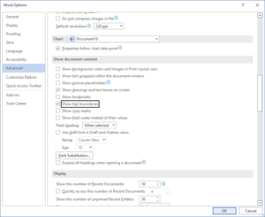 Show text boundaries in Word Options dialog box to show boundaries for sections.