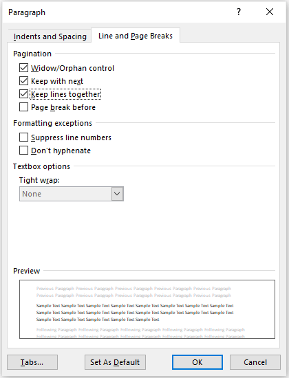 Paragraph dialog box in Word with Line and Page Break tabs selected.
