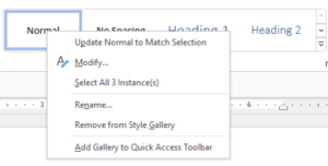 Context menu that appears when you right-click the Normal Style in the Styles gallery.