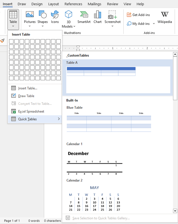 Gallery that includes custom table templates when you click Insert Table in Word.
