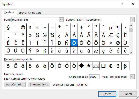 Insert symbol dialog box in Word to insert upper or lower case o with an accent.
