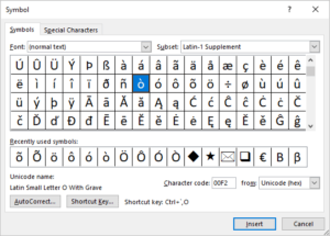 Insert symbol dialog box in Word with shortcuts to insert o with an accent.