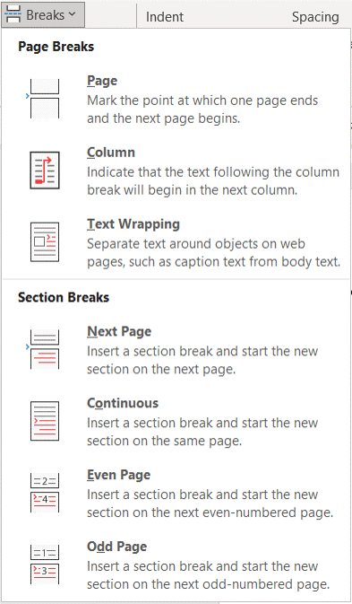 Breaks drop-down menu in Word to add a section break.