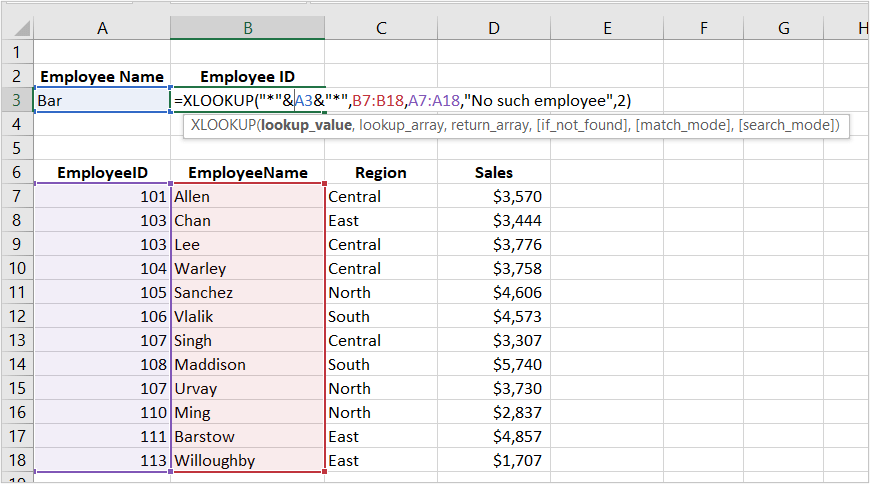 Excel XLOOKUP function used in formula example using an advanced lookup with wildcards and a cell range.