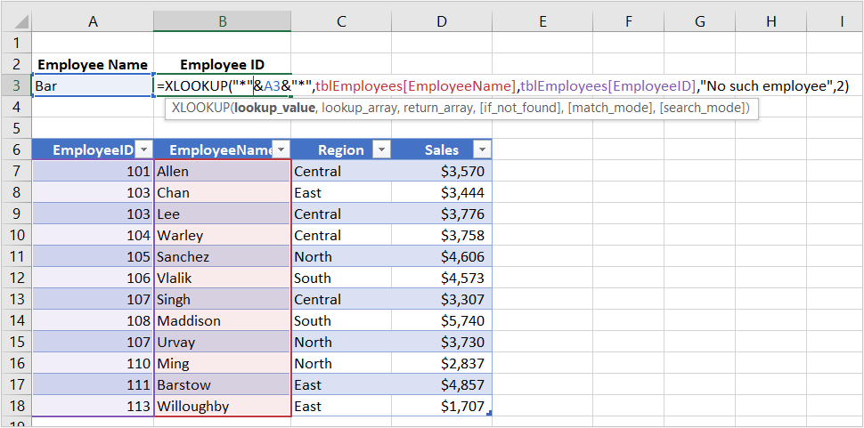 Excel XLOOKUP function used in formula example using an advanced lookup with wildcards and a table.