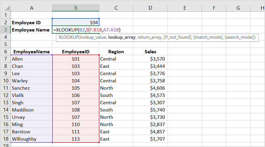 Excel XLOOKUP function used in formula example using basic arguments and a cell range.