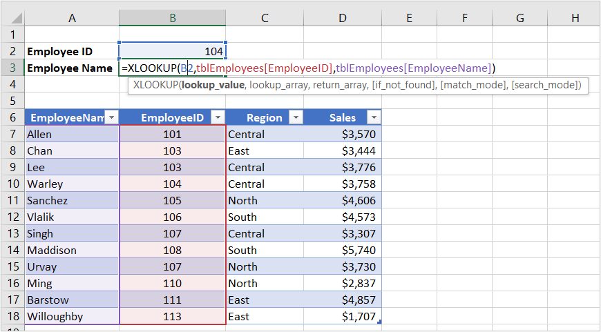 Excel XLOOKUP function used in formula example using basic arguments and a table.