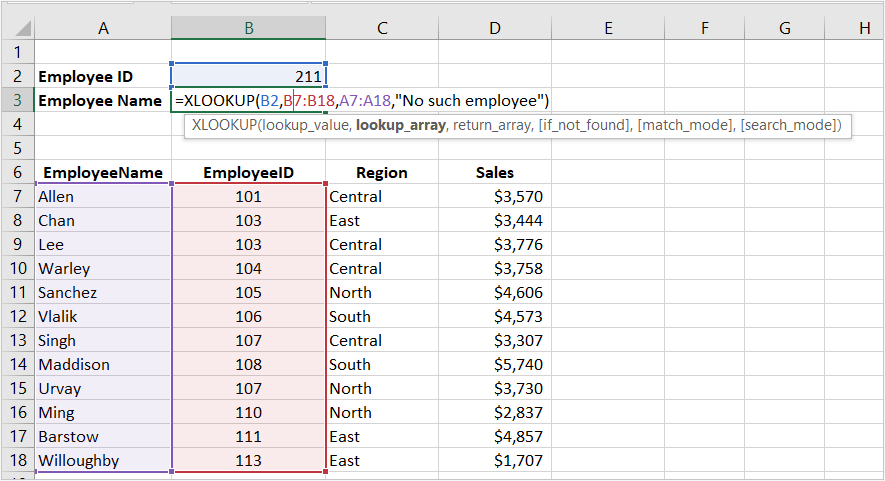 Excel XLOOKUP function used in formula example using error handling and a cell range.