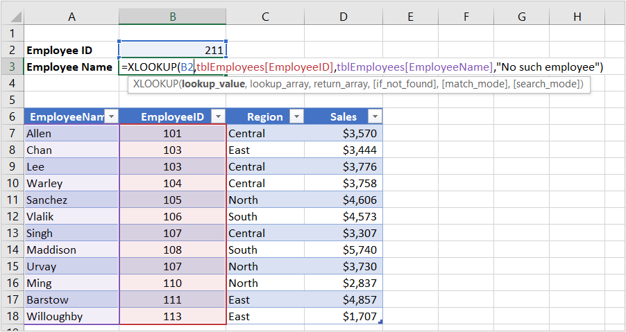 Excel XLOOKUP function used in formula example using error handling and a table.
