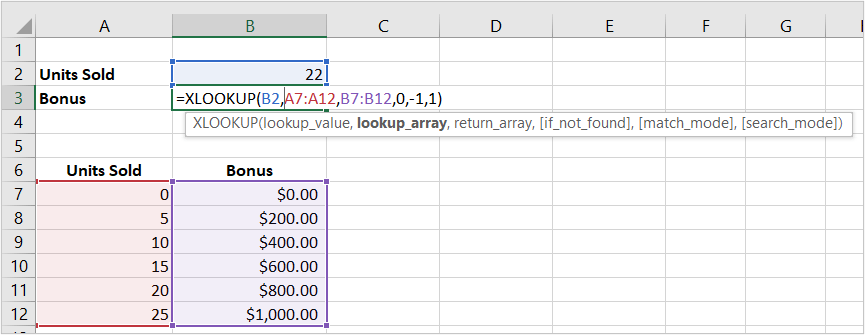 Excel XLOOKUP function used in formula example using optional arguments and a cell range.
