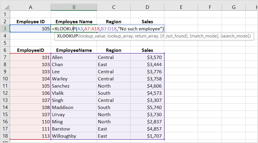 Excel XLOOKUP function used in formula example returning multiple columns and a cell range as the lookup array.