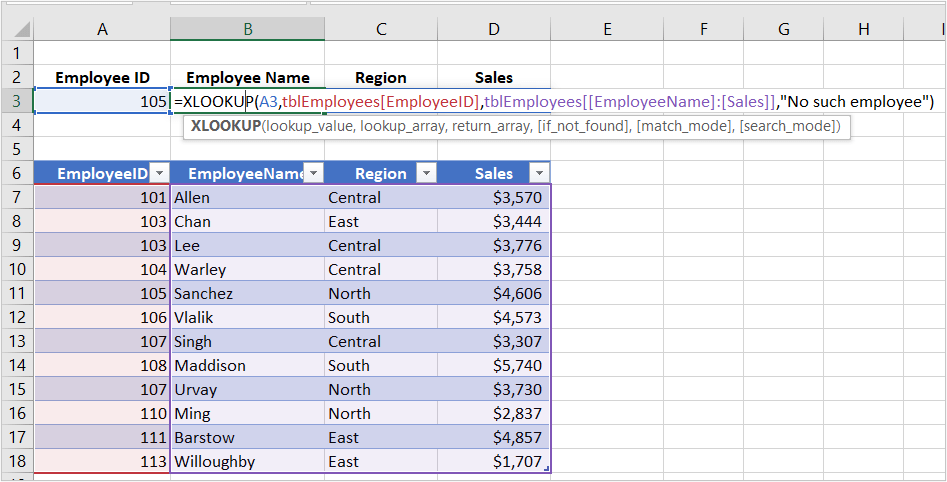 Excel XLOOKUP function used in formula example returning multiple columns and a table range for the lookup array.