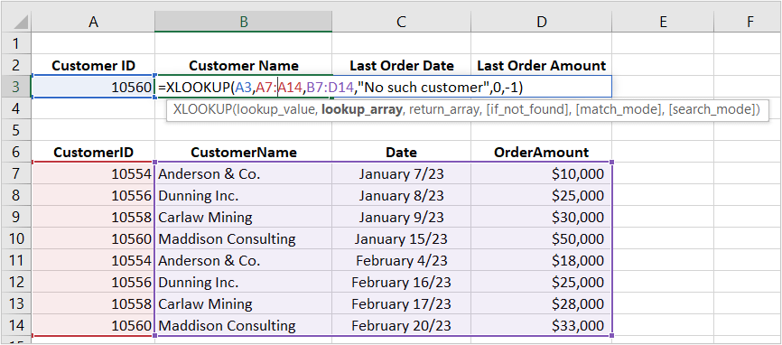 Excel XLOOKUP function used in formula example using a reverse lookup and a cell range.