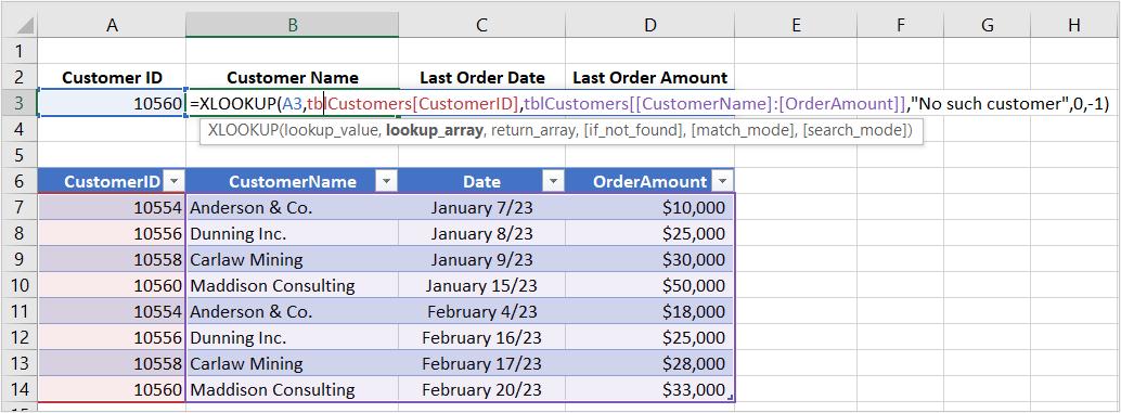 Excel XLOOKUP function used in formula example using a reverse lookup and a table.