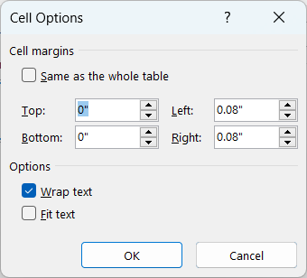 Cell Options dialog box in Word.