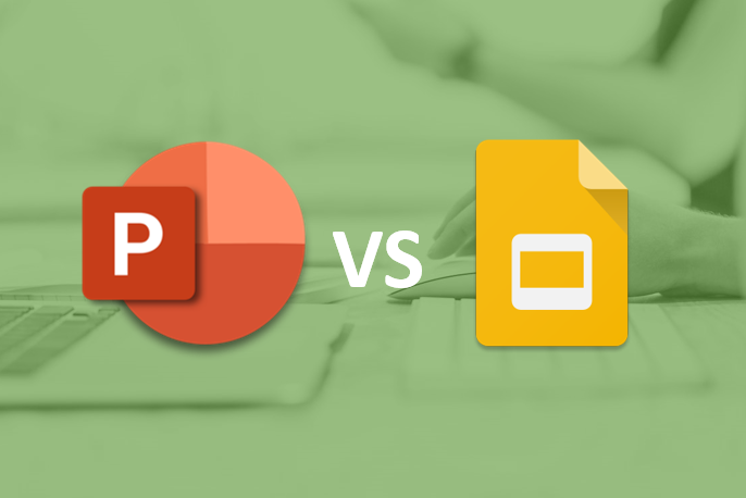 PowerPoint vs Google Slides with icons overlayed on a keyboard.