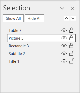 Selection Pane in PowerPoint with locked and unlocked objects.
