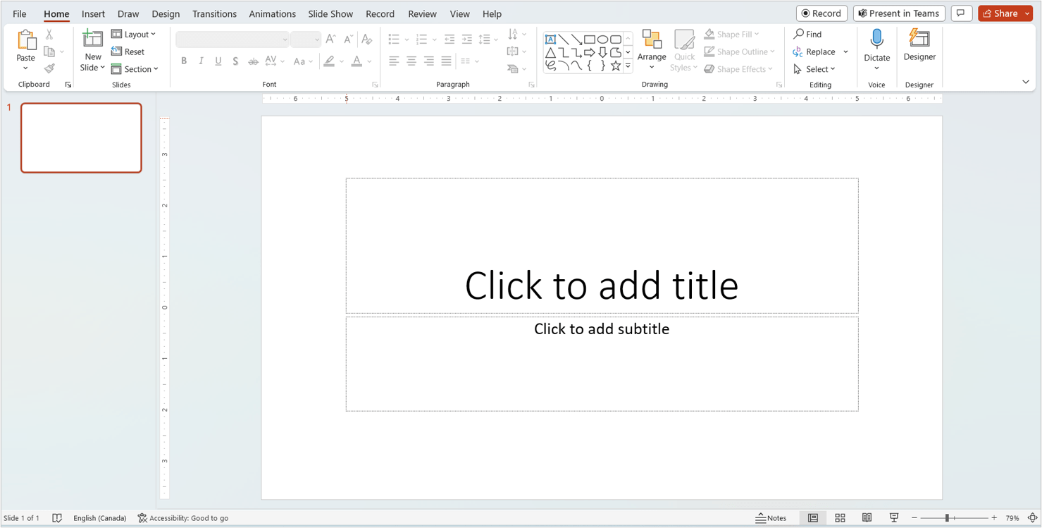 PowerPoint window with a blank presentation using the Office theme.