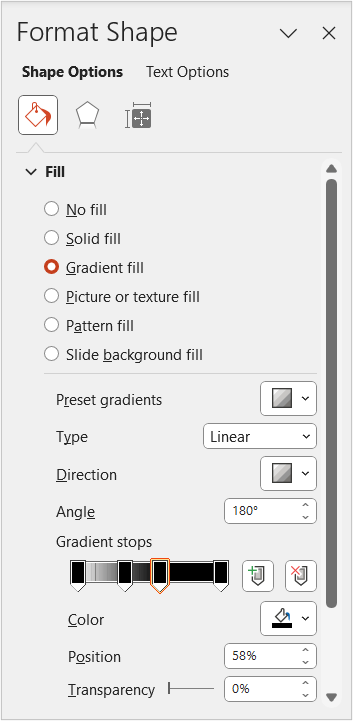 Format Shape task pane in PowerPoint with gradient stops.
