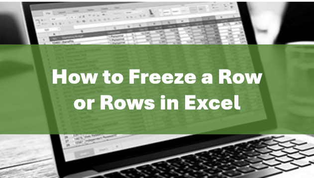Freeze rows in Excel represented by a laptop and a text overlay.