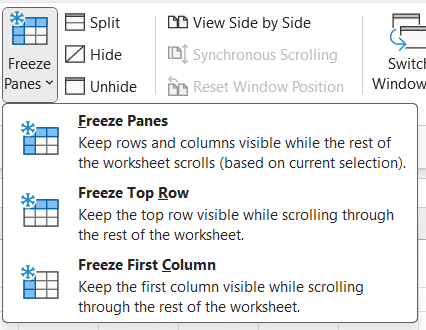 Freeze panes drop-down menu in Excel to freeze one or more rows.