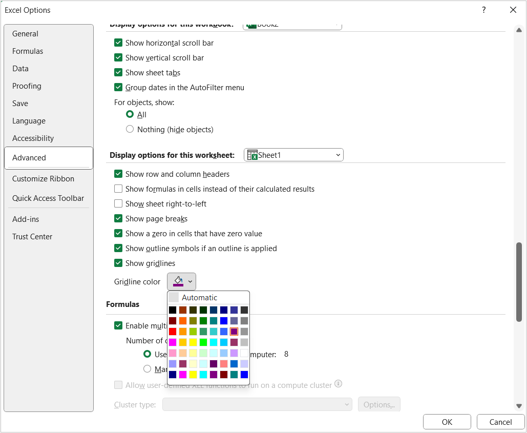 Excel Options dialog box with gridline color options.