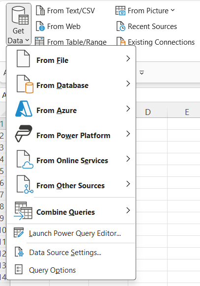 Excel Power Query Get Data drop-down menu.