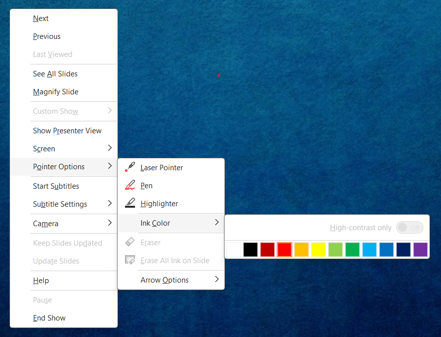 PowerPoint drop-down menu in a slide show with ink color options.