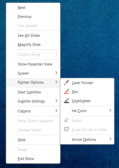 Drop-down menu in PowerPoint during a slide show with pen and highlighter.