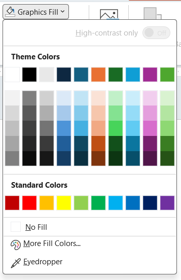 Graphics Fill command in the Ribbon when an icon is selected on a PowerPoint slide.