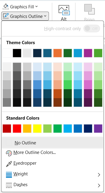 Graphics Outline command in the Ribbon when an icon is selected on a PowerPoint slide.