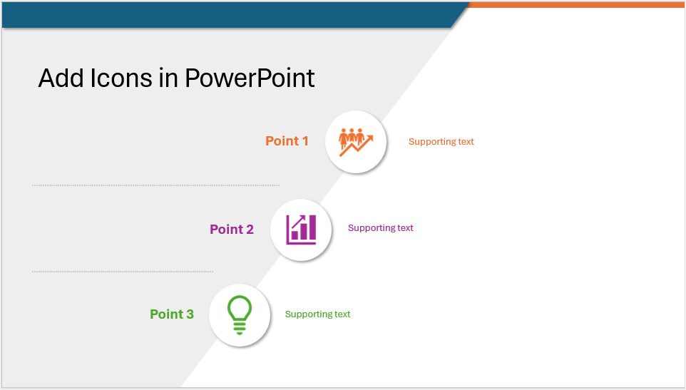 Insert icons in PowerPoint represented by a slide with icons.
