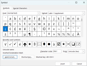 Insert Symbol dialog box to insert upside down exclamation mark in Word.