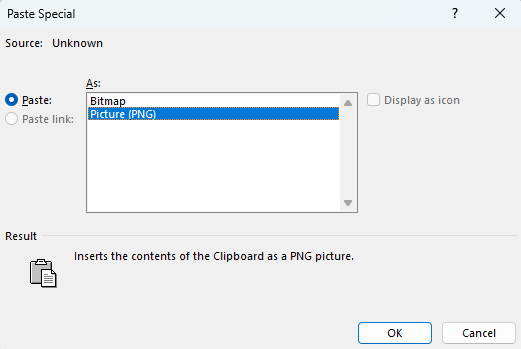 Paste Special dialog box in Microsoft Word.