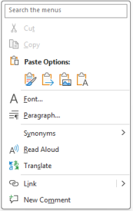 Context menu that appears when you right-click to paste in Microsoft Word.