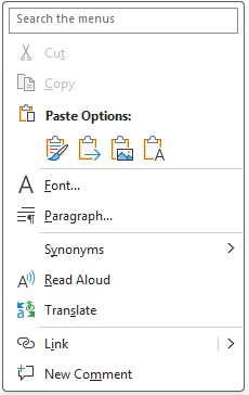 Context menu that appears when you right-click to paste in Microsoft Word.