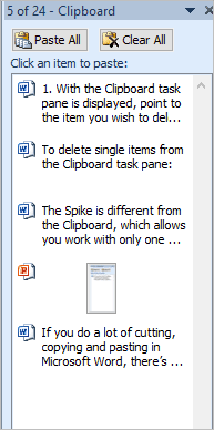 Spike or Clipboard task pane in Microsoft Word with multiple items.