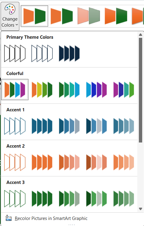 Options to change SmartArt colors in the Ribbon in PowerPoint.