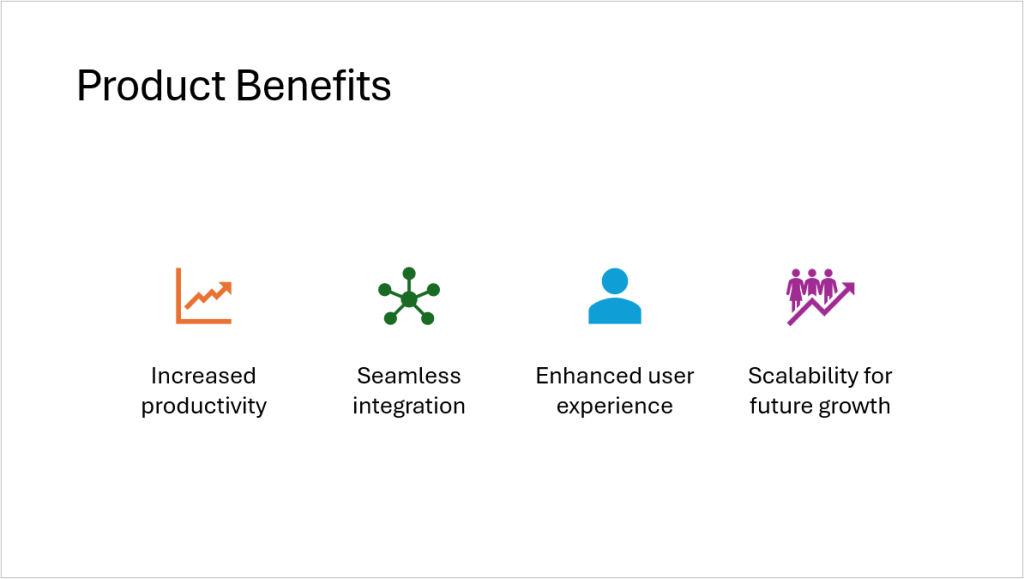 Example slide in PowerPoint with bullets converted to SmartArt with icons using the Designer or Design Ideas or Suggestions.