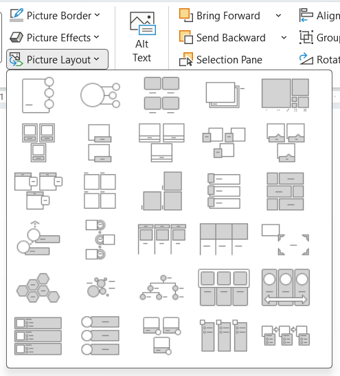 Picture layout command in PowerPoint to convert multiple selected pictures to picture SmartArt.