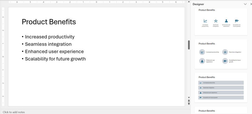 List of bullets on a PowerPoint slide with Designer suggesting design ideas including SmartArt with icons.